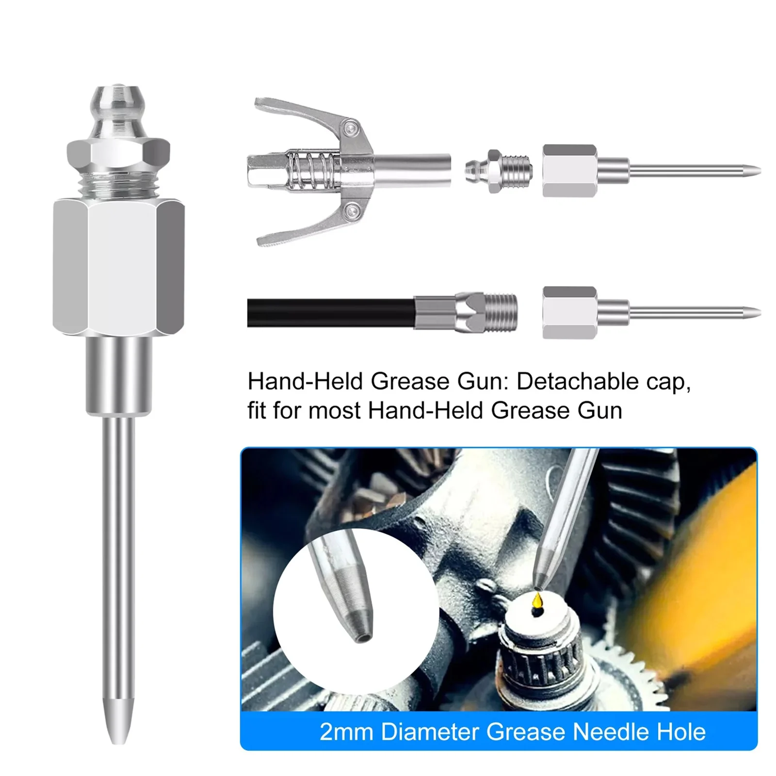 Grease Injector Needle Nozzle Kit with 90° & Bent Fittings, Steel Grease Gun Adapter Set for Tight Spaces Lubrication