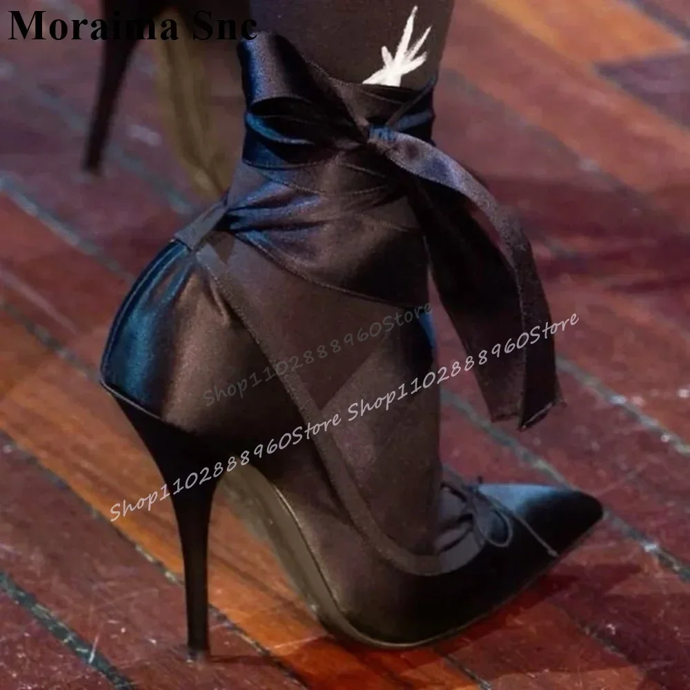 

Luxury Black Silk Ribbon Shallow Pumps Thin High Heel Shoes For Women Lace Up Pointed Toe 2026 Fashionable Zapatos Para Mujere