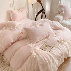 Pink Princess Lace Bedding Set Korean Style Luxury Wedding Bow Ruffles Quilt/Duvet Cover Bed Sheet Pillowcases Queen King Size