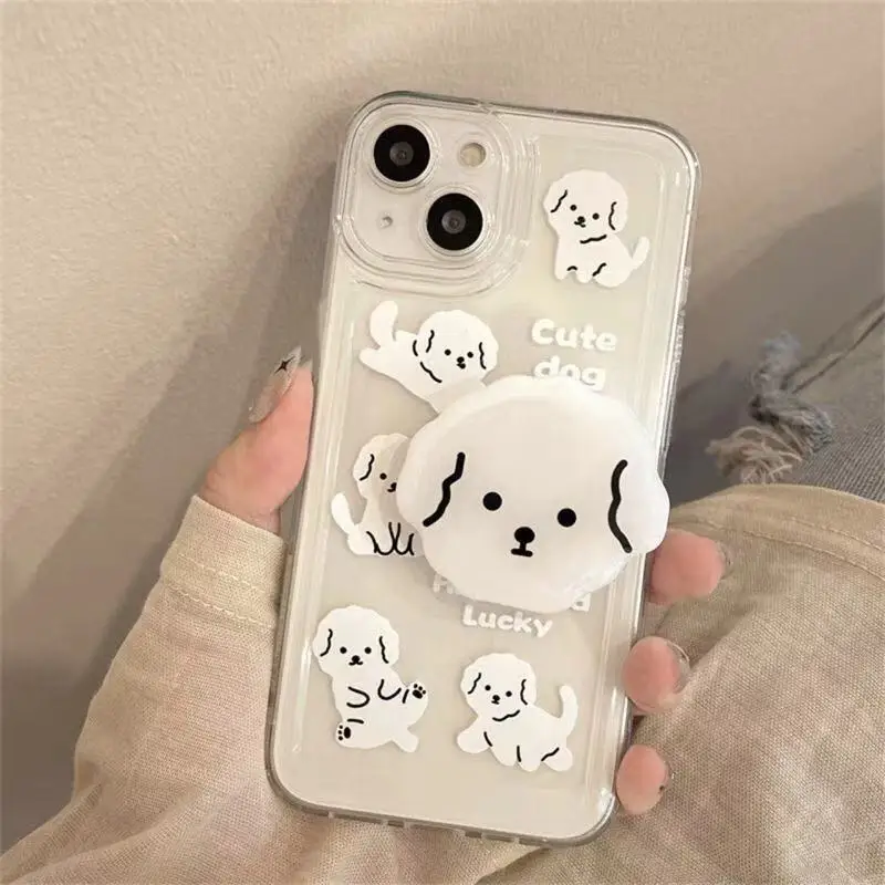 

For iPhone 12 Pro 11 13 Mini 14 Pro Max XS X XR 7 8 Plus SE 2020 Cute Dog Grip Holder Transparent Phone Case 2024 NEW