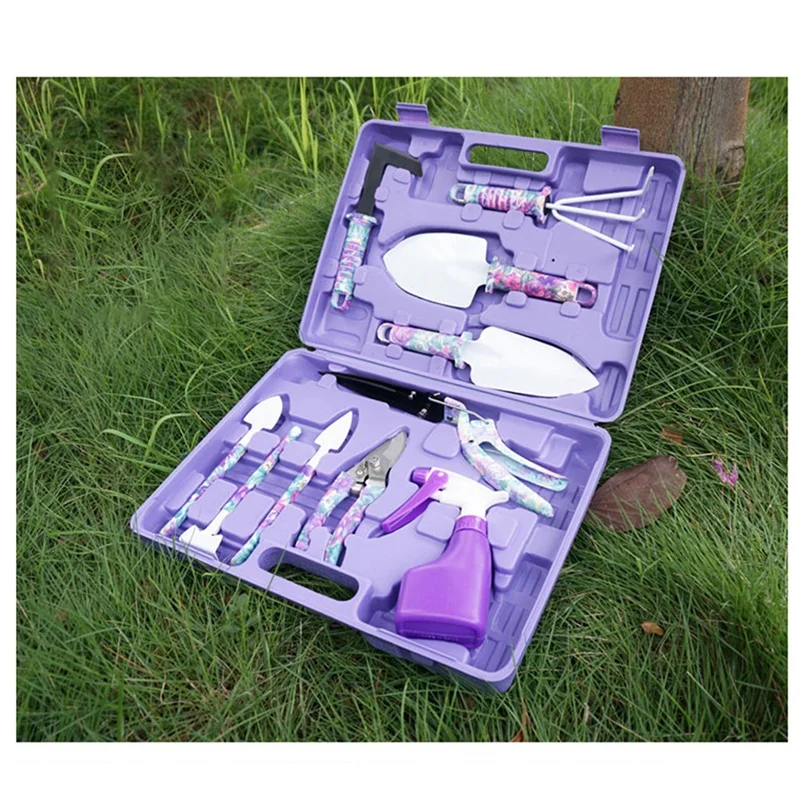 AC23-ensemble de dix pièces outils de jardinage ensemble de fournitures de jardin violet ensemble d'outils de jardin poignée truelle râteau désherbeur sécateur