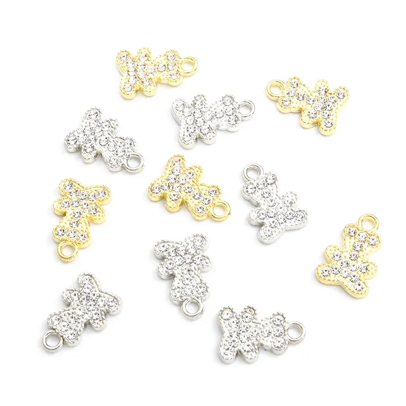 New 10pcs Trend Teddy Bear Crystals Rhinestones Charm 10.1*15.4mm Silver Gold Color Animal Metal Pendants For Jewelry DIY Making