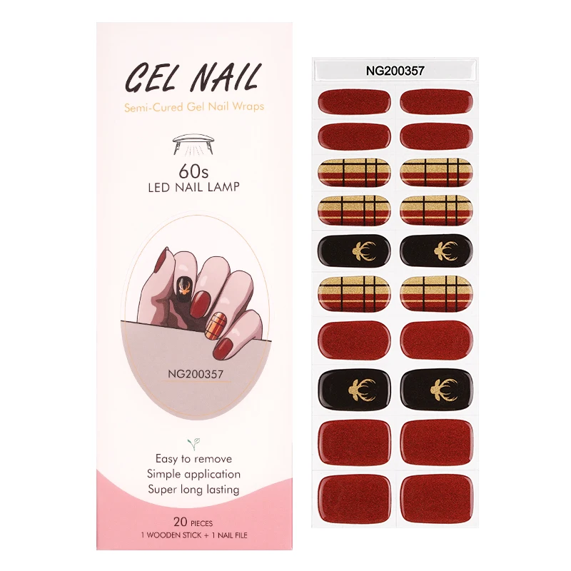 20Tips Solid Color Semi-cured Gel Nail Wraps Long Lasting Manicure UV LED Lamp Need Fashion Full Cover Nail Gel Sticker Decals