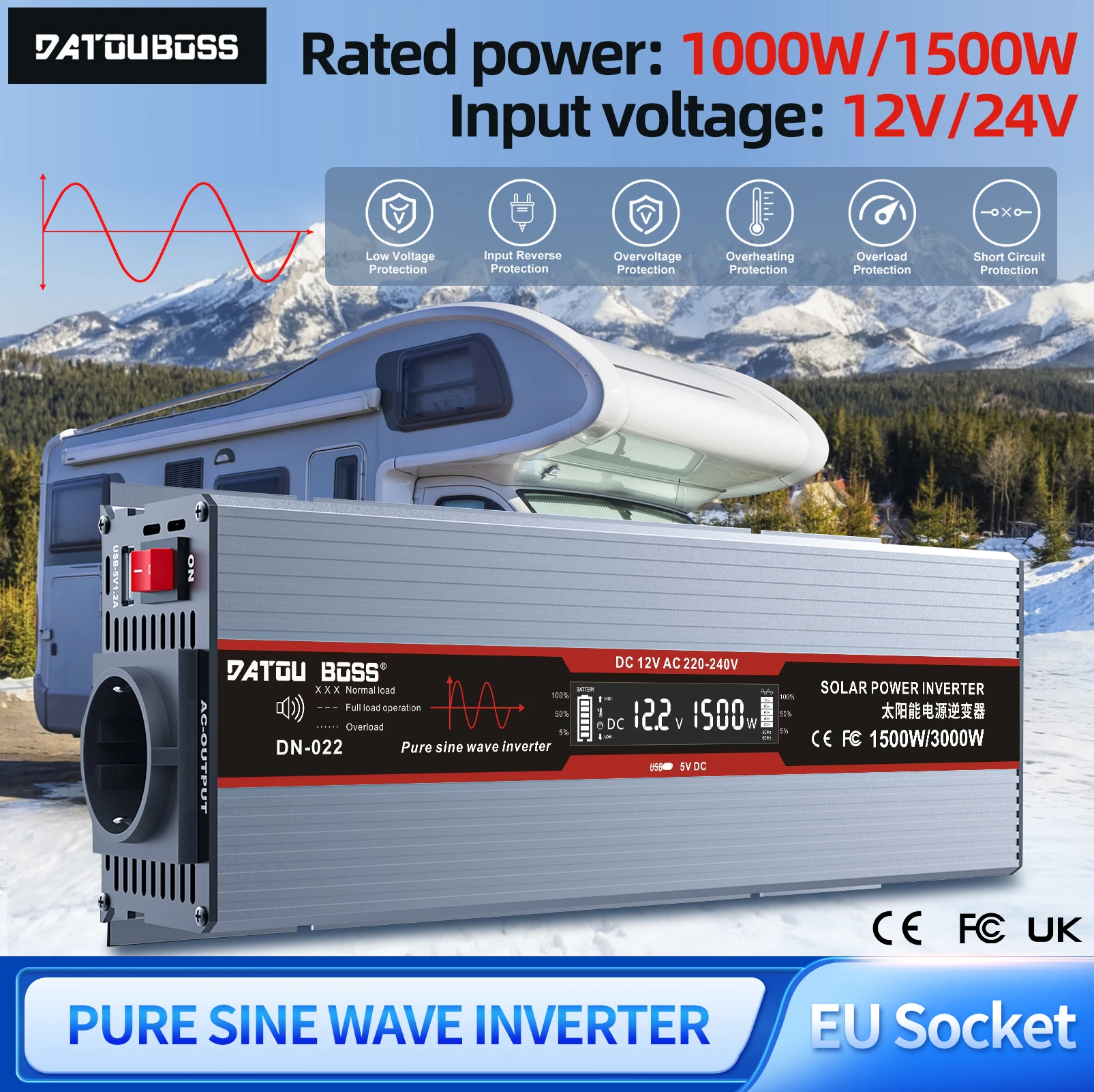 

DATOUBOSS Pure Sine Wave Inverter DC 12V 24V to AC 230V 1000W 1500W Optional Lightweight Suitable for Home, Boat RV Conversion