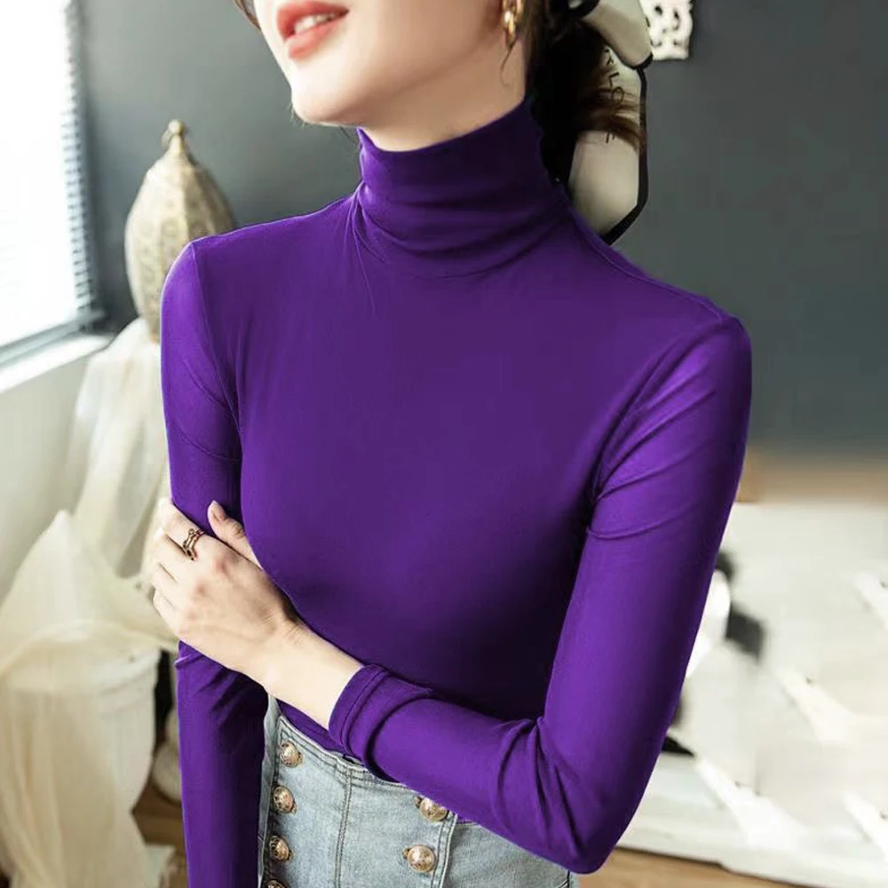 Sexy S-4XL Size White Coffee Purple Green T-Shirt Women\'s Slim Stretch Bottoming Shirt High-neck Long Sleeve Top Clothing Ladies