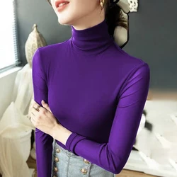 Sexy S-4XL Size White Coffee Purple Green T-Shirt Women's Slim Stretch Bottoming Shirt High-neck Long Sleeve Top Clothing Ladies