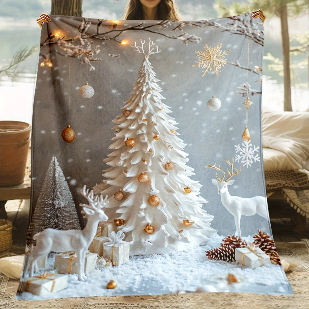 

1pc White Christmas Print Blanket - Lightweight Flannel Blanket for Sofa, Bed, Travel, Living Room, Office, Sofa, Chair & Bed -