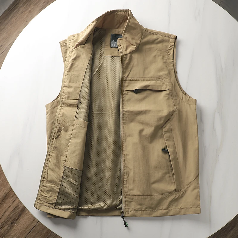 Outdoor waterproof stand up collar sleeveless camisole jacket for men, casual vest, plus size