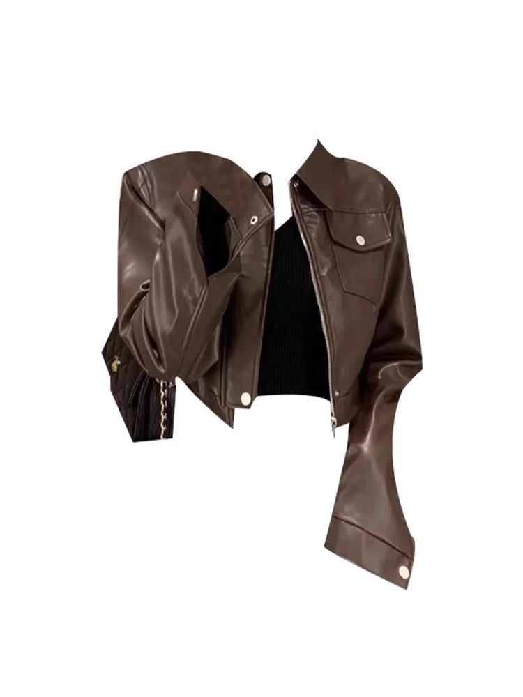 

Brown ort PU Leather Jaet Women's Spring 2026 New Sle Motorcycle Jaet Small Size Commuter Wind Loose Fit Long Sve