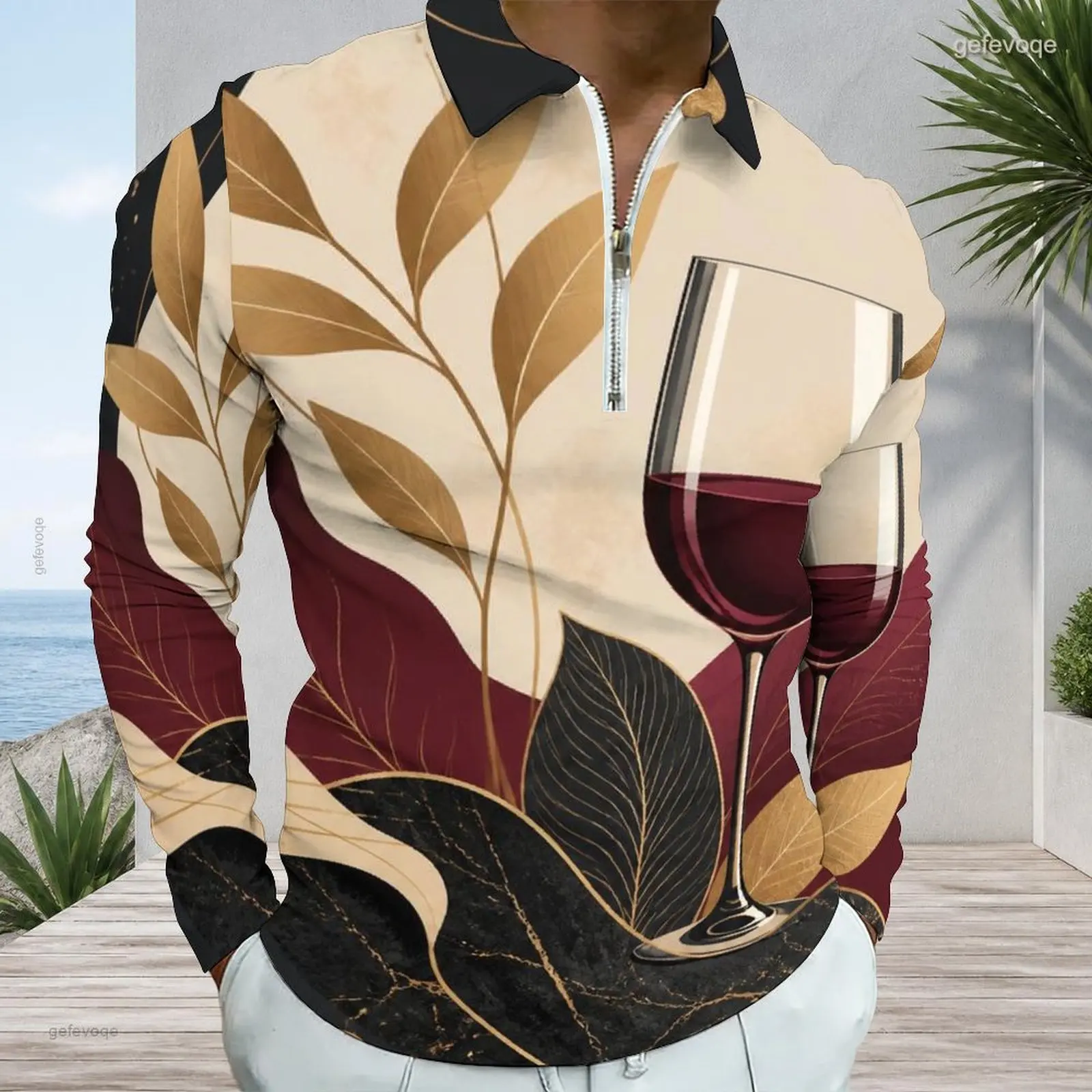 Men's Quarter Zip Long Sleeve Polo Shirt, Wine Glass and Leaf Printed Beige Maroon Black Gold Top