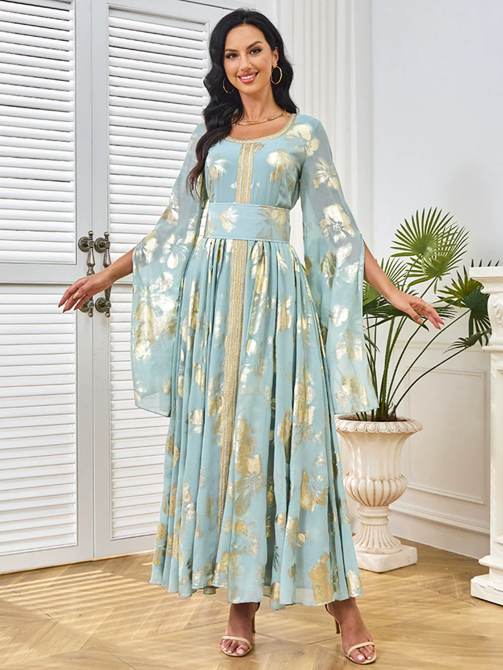 فستان عباية عصرية بأكمام مقسمة وختم ساخن في الشرق الأوسط إسلامي فاخر على الموضة رداء طويل تنورة نسائية طويلة