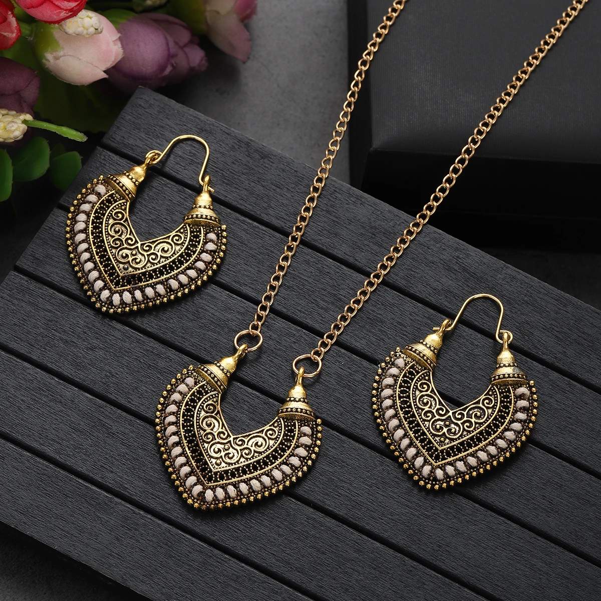 Vintage Ethnic Gold Color Drop Earrings Necklace for Women Heart Shape Statement Earrings Bohemian Rope Wrap Jewelry bijoux