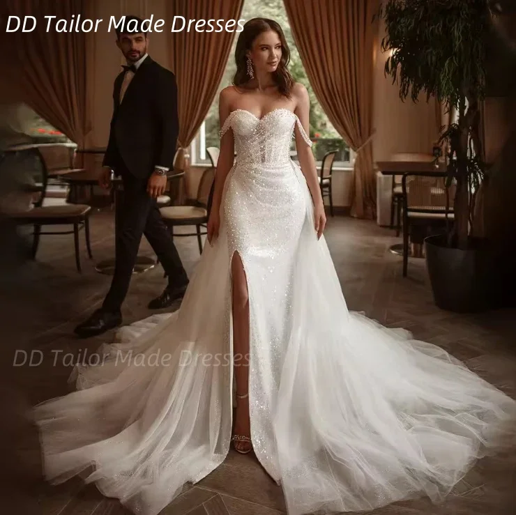 반짝이는 파란색 스팽글 긴 웨딩 드레스 사이드 슬릿 분리형 트레인 오프 숄더 럭셔리 신부 가운 맞춤형