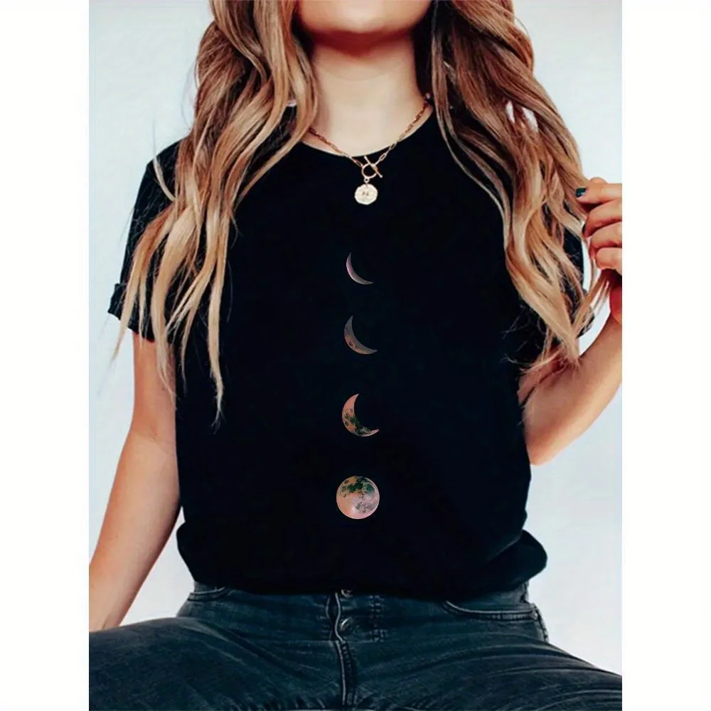 

Moon Graphic Print Solid T-Shirt, Crew Neck Short Sleeve Casual Top For Summer & Spring, Women's Clothing