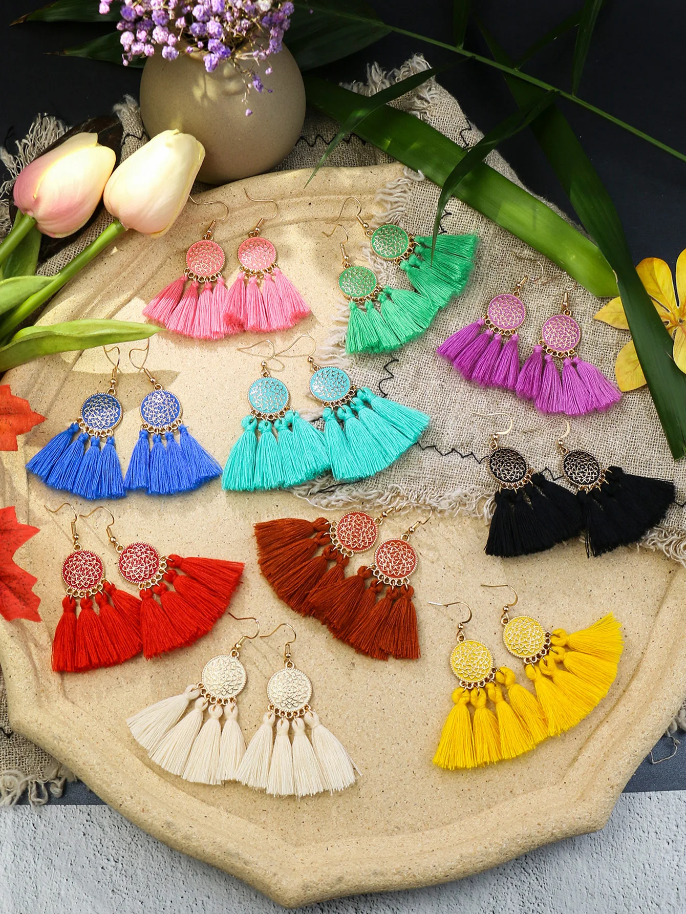 Bohemian Round Colored Glaze Alloy Earring Set Retro Ethnic Style Long Tassel Earrings Women\'s Girls\' Personalized Jewelry