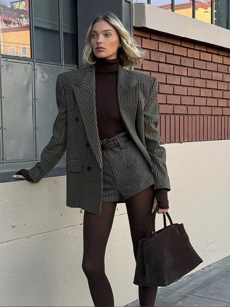 Vintage Plaid Print Suit Jacket Shorts 2 Piece Sets Women Loose Lapel Double-breasted Pockets Coats Suit Elegant Commute Outfits