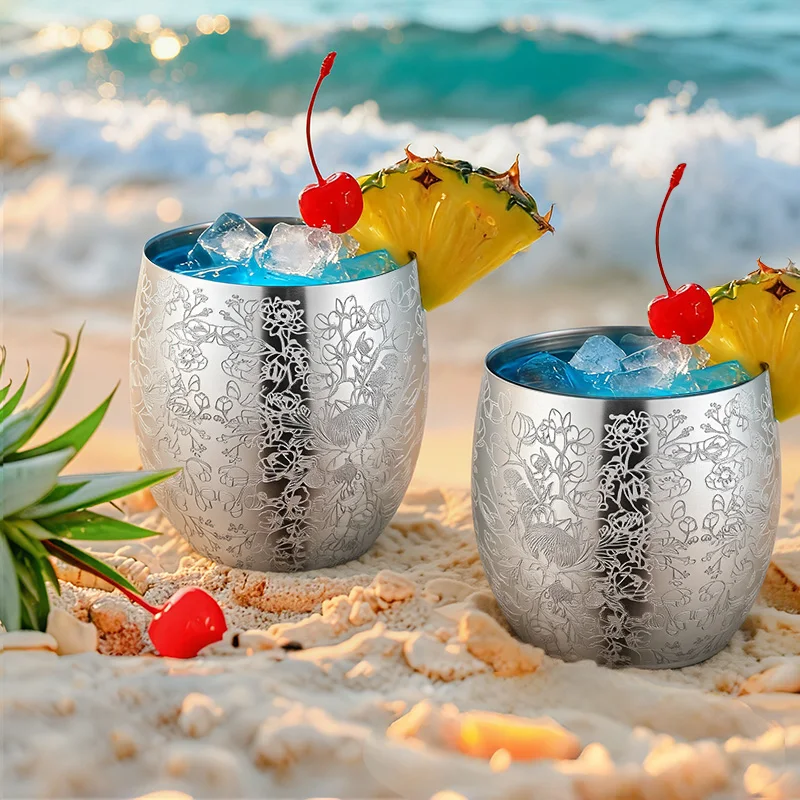 

350ml Creative Etching Flower Egg Shaped Cup 12oz Stainless Steel Cocktail Juice Mug Mojito Cup Beer Coffee Milk Mug Drinkware