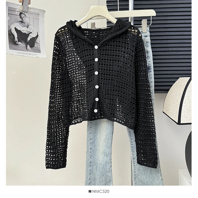 Solid Hollow Out Knitted Cardigans Women Spring Summer Thin Perspective Hooded Sunscreen Coats Fashion Trend Female Tops