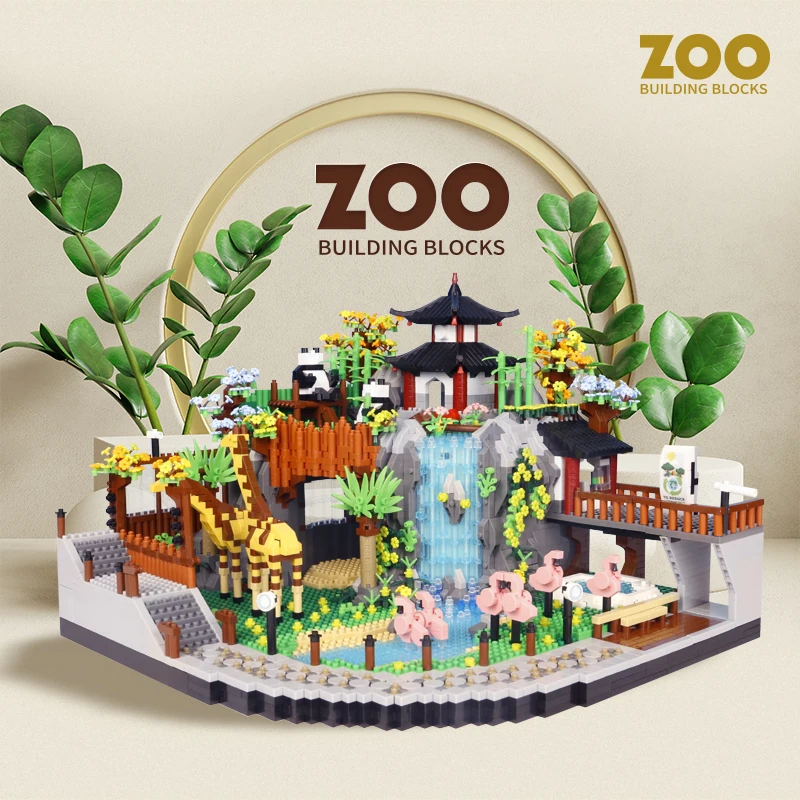 5000PCS City Zoo Gardens Building Blocks Giraffe Panda Zoological Animal Park Street View Assemble Micro Bricks Toys Gifts Kids