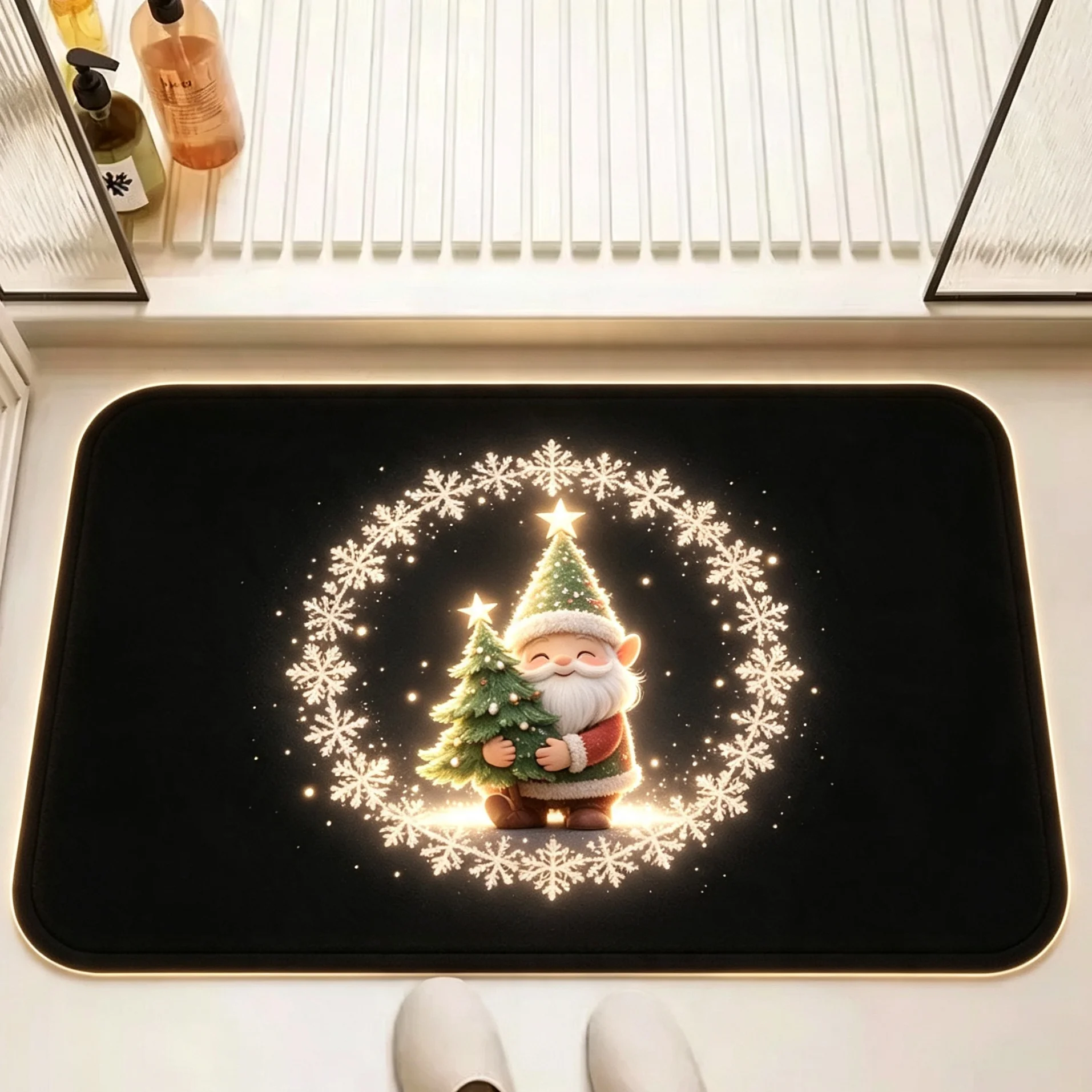 Snowflake Halo Tree Hugging Gnome Rug For Peaceful Holiday Vibe Gentle Design Non Slip Floor Mat