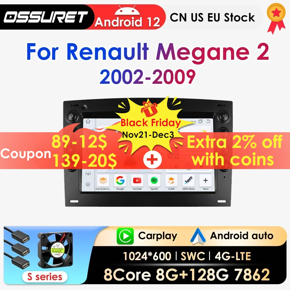 2 din Carplay Android Auto Car Radio For Renault Megane 2 2002-2009 Car Multimedia GPS autoradio RDS DSP AI 4G Octa Core 7862