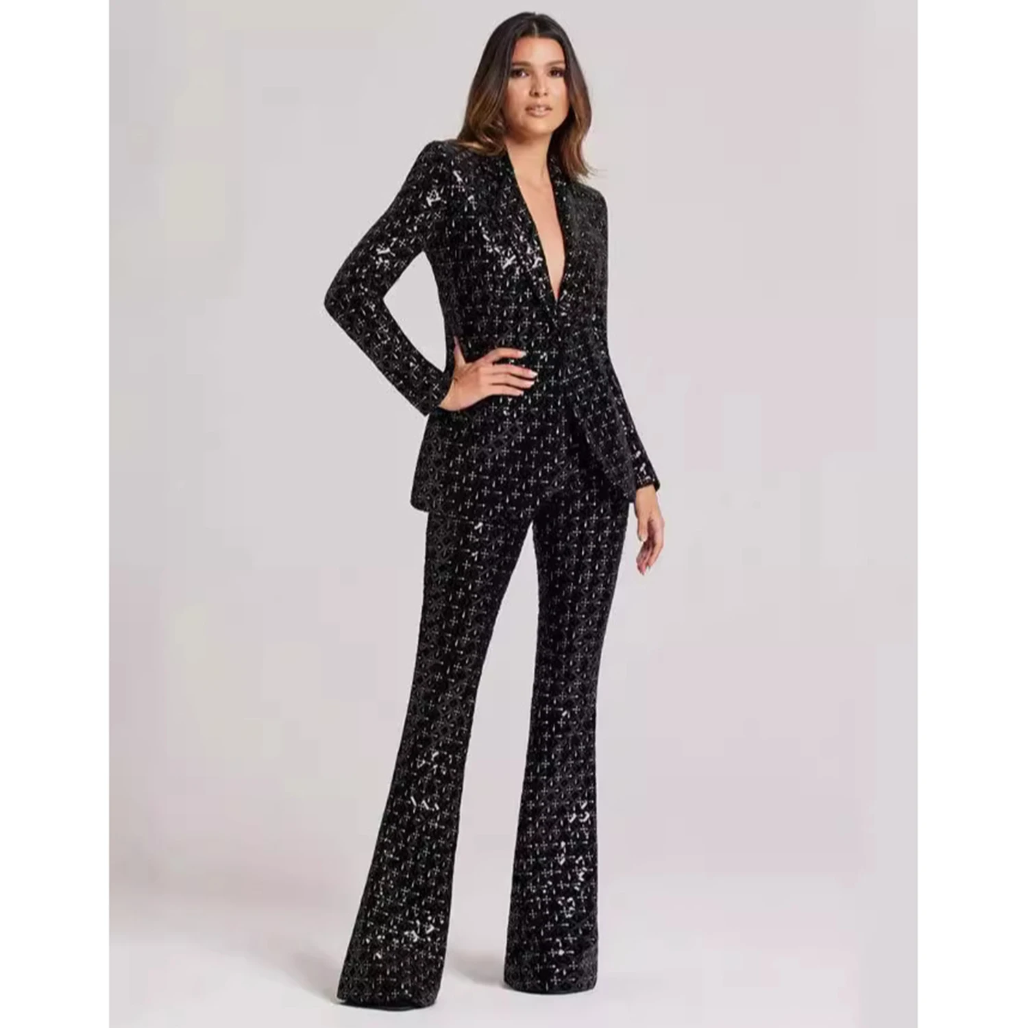 أسود الترتر المرأة 2 قطعة مجموعة البدلة واحدة الصدر السترة كوكتيل ملابس الحفلات أنيقة مأدبة Pantsuit مجموعة تخصيص #1