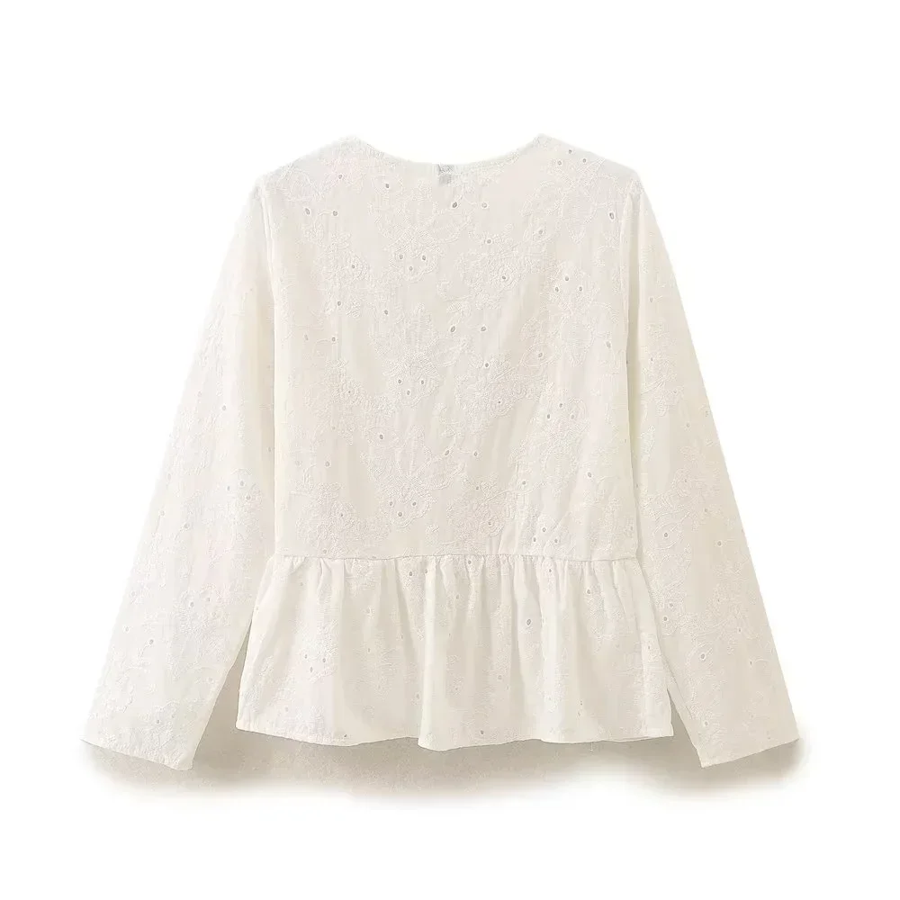 Summer New Product French Sweet Round Neck Long Sleeve Embroidered Short Skirt Shirt with Belt and Shorts Set