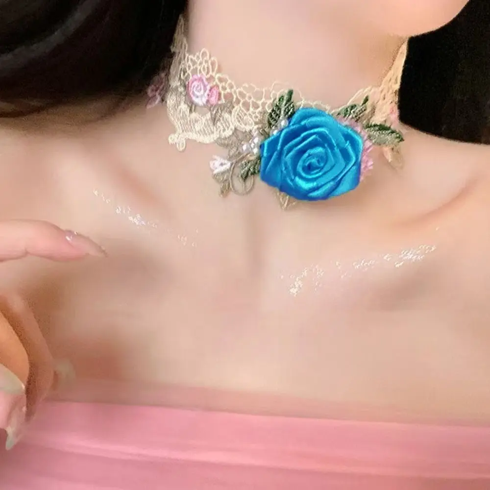 

Unique French Style Lace Flower Choker Exquisite Pearl Rose Choker Necklace Leaf Textured Sweet Fabric Choker Party