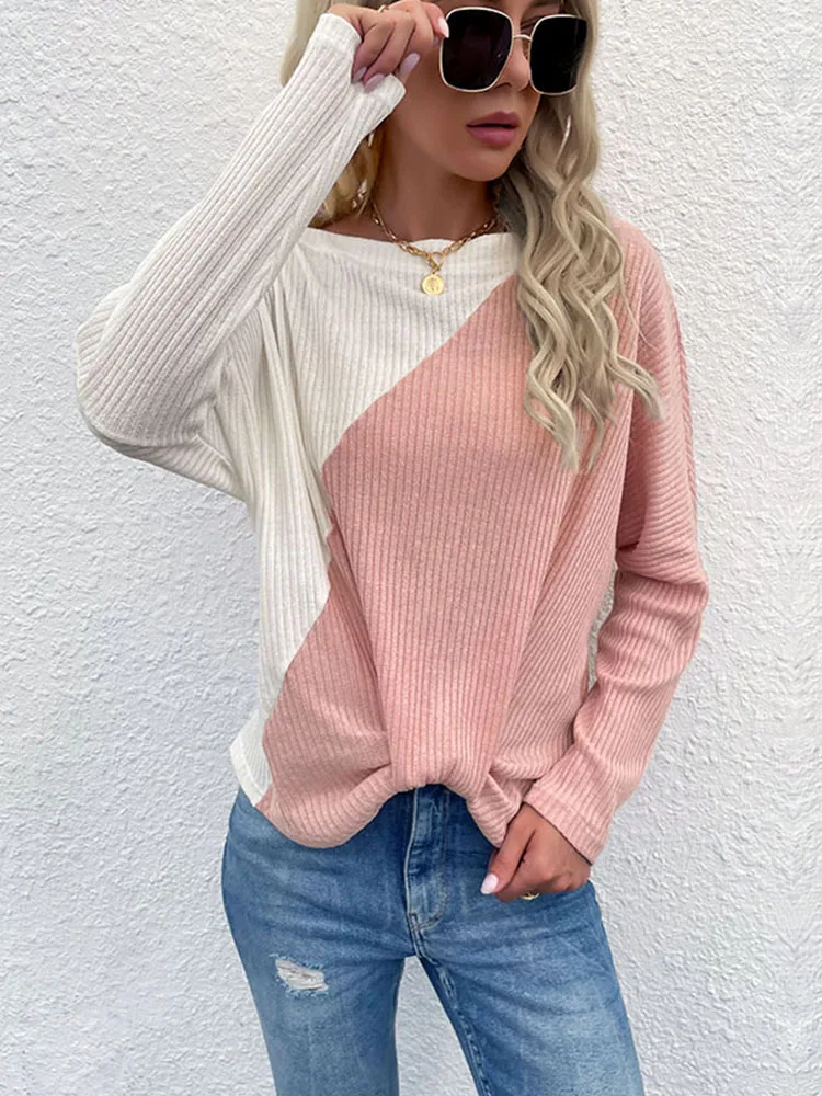 JIM & NORA Woman‘s Autumn Winter Pink White Patchwork Long Sleeved Youthful Elegant Shirts Slim Fitting One Line Collar Sweater