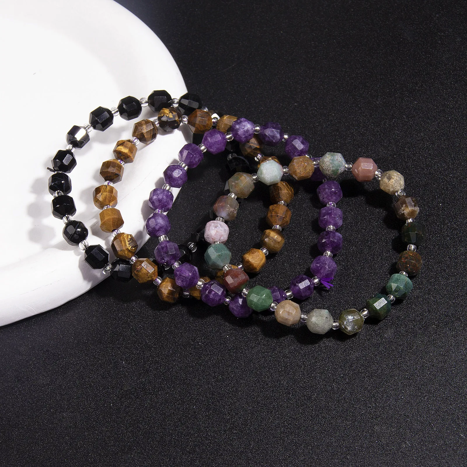 1pc creativity natrual crystal stone gemstone agate section Round bead bracelet  Suitable for daily wear by men and women