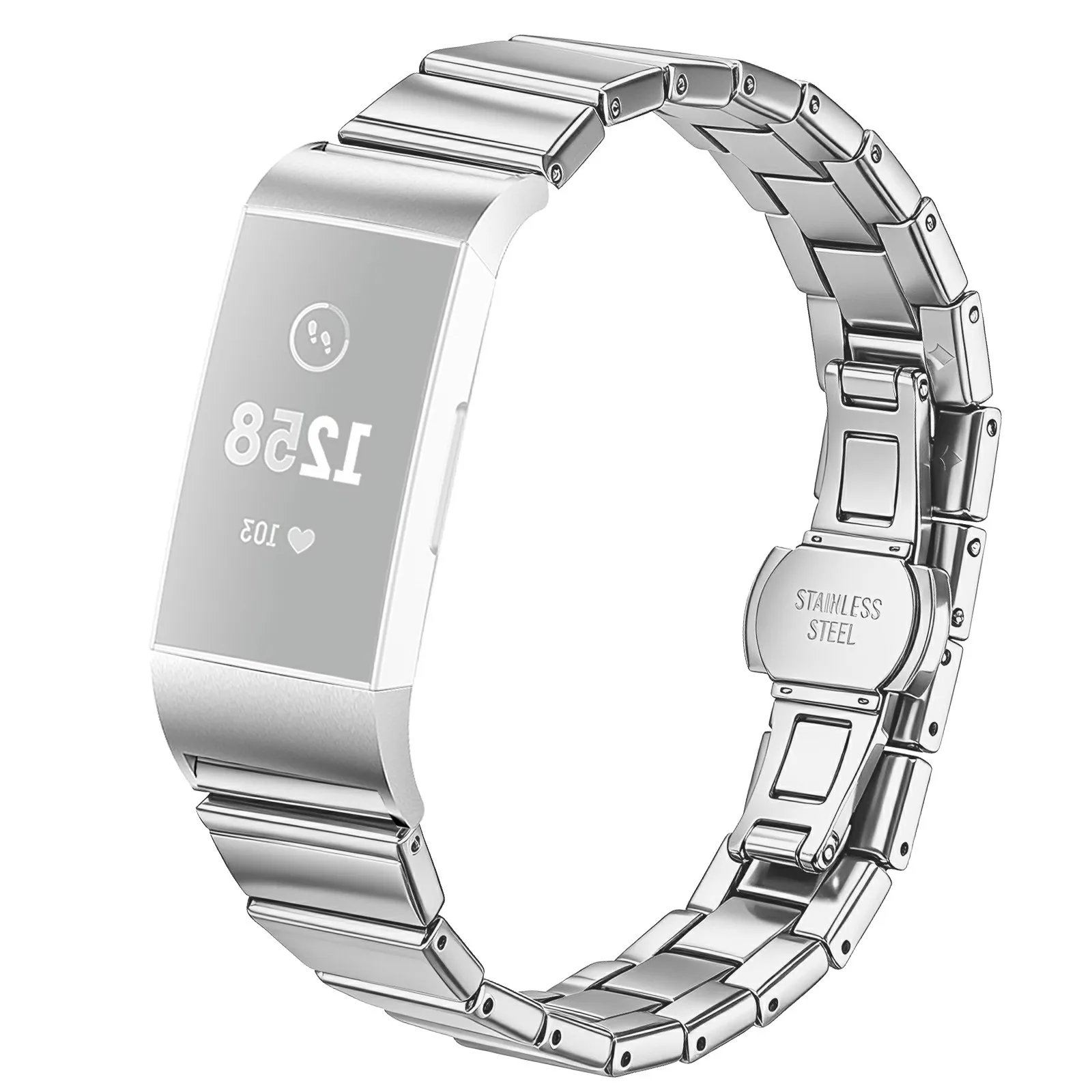 For Fitbit Charge 3 Strap One-bead Stainless Steel Watch Band with Butterfly Buckle - Silver
