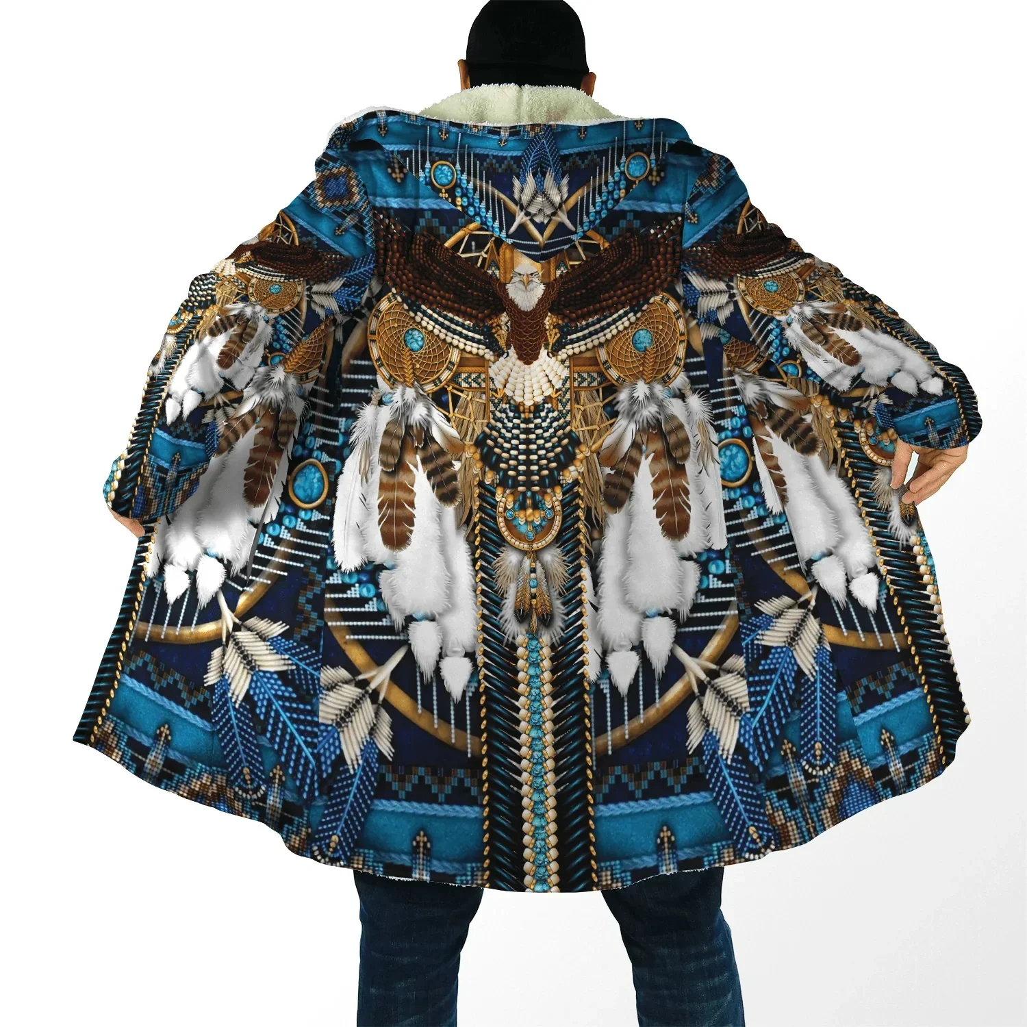 

New Fashion Men's Winter Hooded Cloak Native Wolf and Eagle Pattern 3D Printed Thick Wool Cloak Unisex Street Casual Warm Cloak