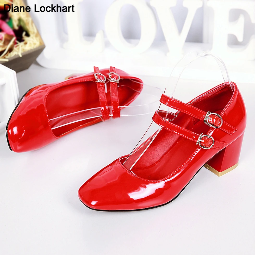 Spring Autumn Women Double Buckle Mary Janes Shoes Patent Leather Dress Shoes High Heels Pumps Retro Ladies Shoe Black Red