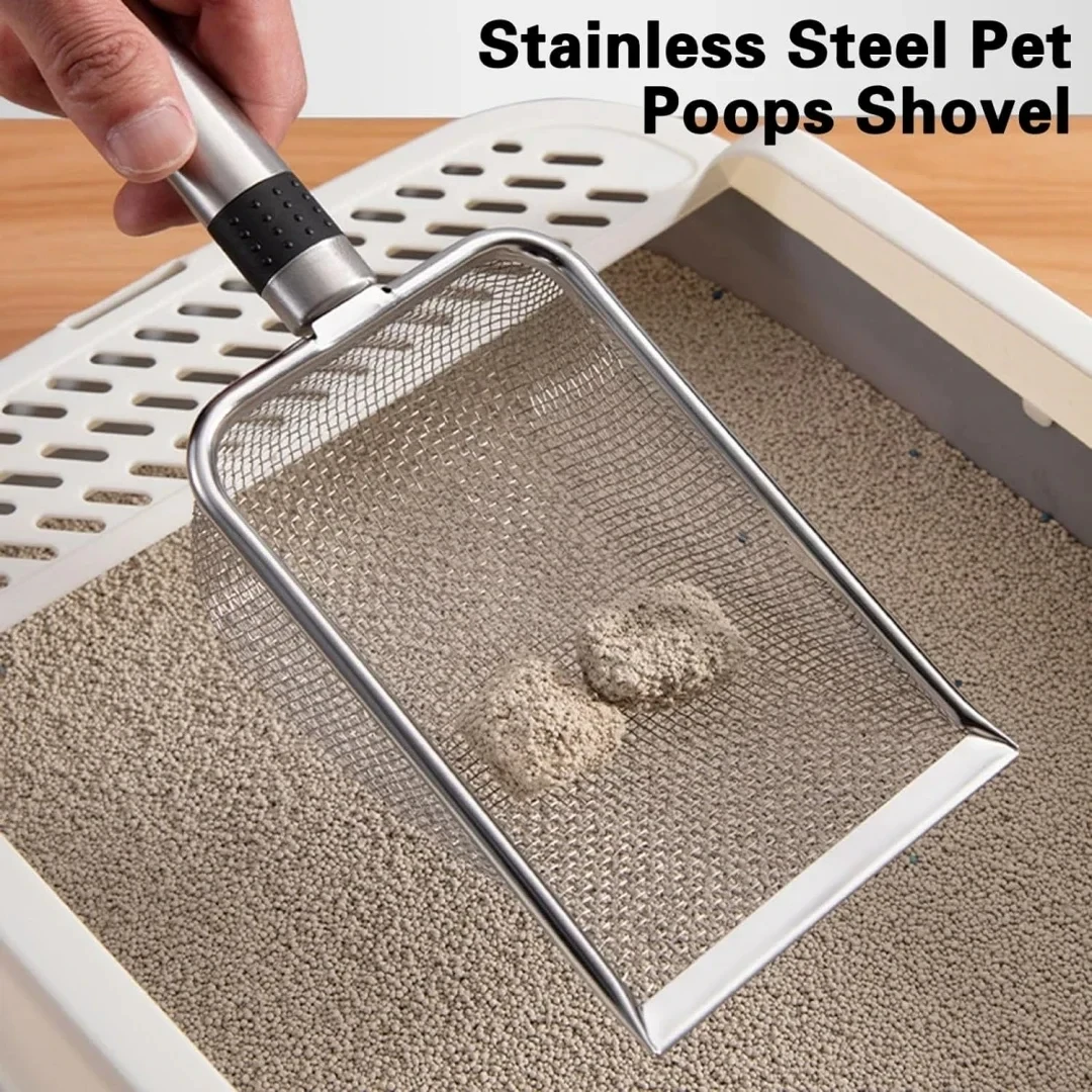 1 pala para arena de gatos de acero inoxidable, duradera, fácil de limpiar, mango ergonómico, resistente al óxido, ideal para la eliminación rápida de residuos