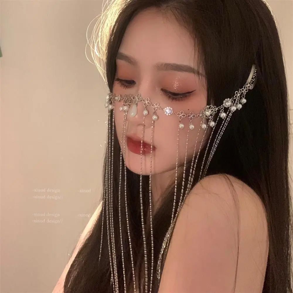 Womens Metal Flowers With Beads Tassel Veil  Chinese Hanfu Face Curtain