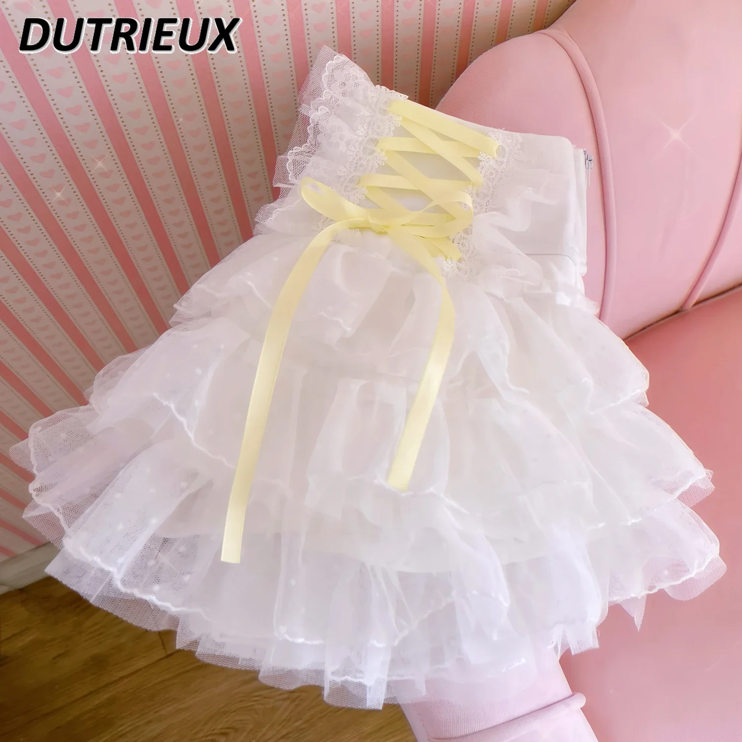 Fashionable Sweet Hot Girl High Waist Knotted Short Skirt Cute Girls All-matching White A- Line Gauze Puffy White Mini Skirts