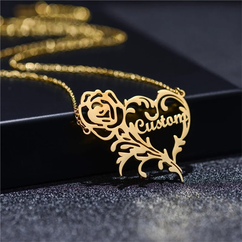 

Custom Name Necklace for Women Stainless Steel Hollow Out Heart-shaped Flower Pendant Choker Chain Jewelry Personalized Gifts