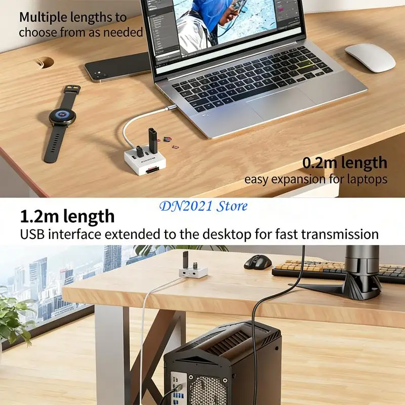 F3KE Portable USB C to USB Splitter Including 4 USB3.0 Interfaces Card Readers Double 3.5mm Plugs and Play