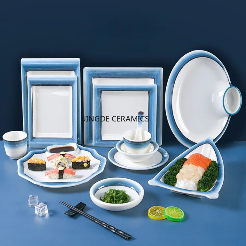 

1PCS Melamine tableware dishes , sushi/ irregular/snack plate, noodle bowl, japanese dishes serving platter，sky blue+white