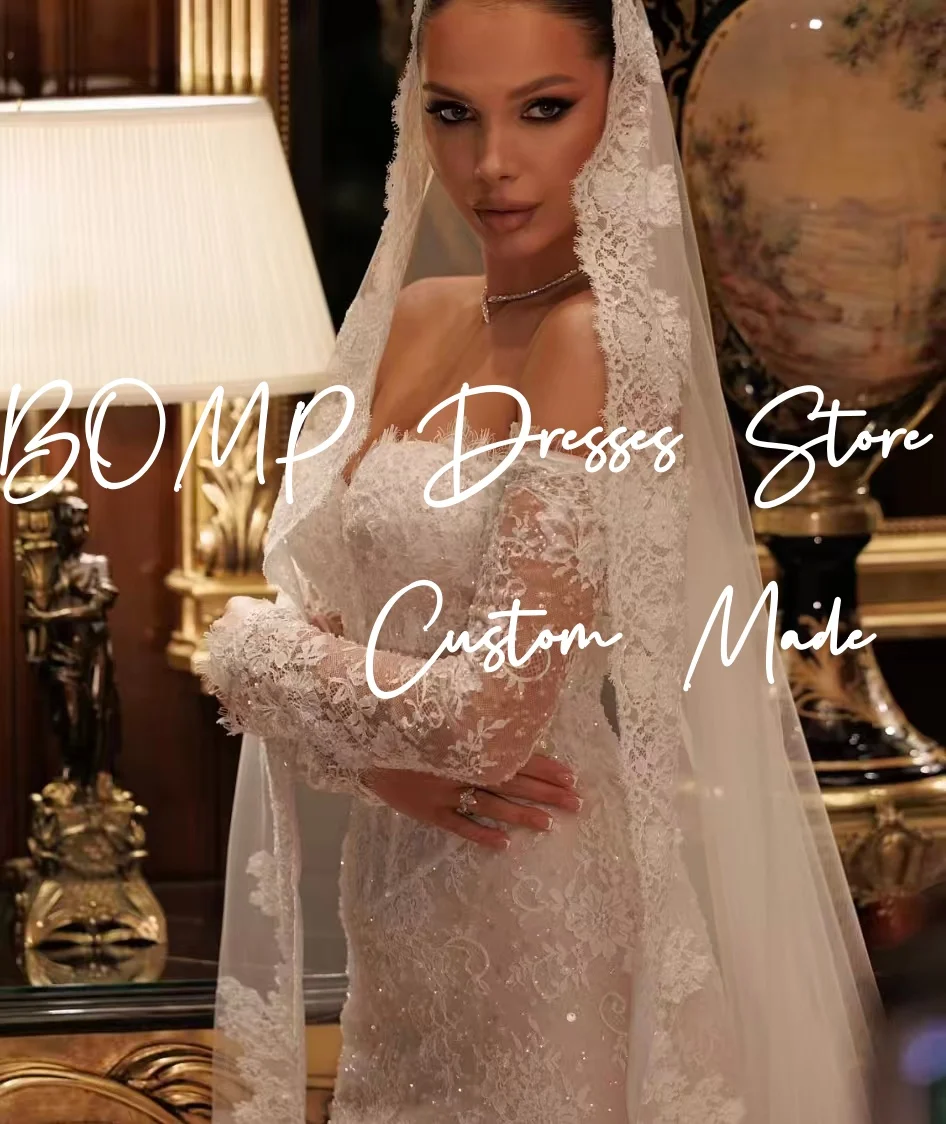 Suknia ślubna BOMP w stylu vintage, biała koronka, dekolt w serduszko, odkryte ramiona, długie rękawy, plisowana, krój syreny, suknia ślubna szyta na miarę, Vestido de novia