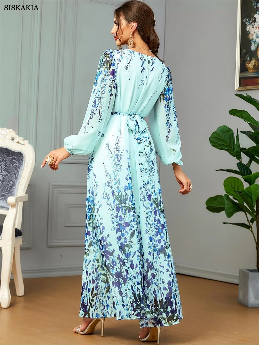 Siskakia Dubai Fashion Floral Lantern Sleeve O-Neck Gulf Women Dress With Sashes Jalabiyat Moroccan Arab Evening Party Abaya