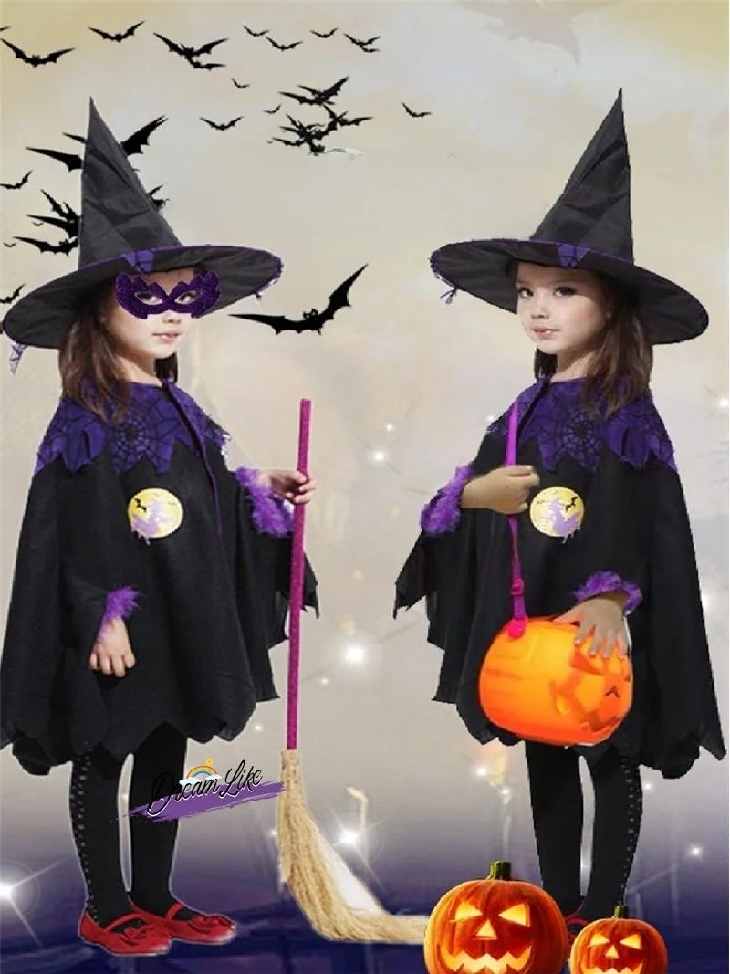Fsia de Bruxa Infantil para loween, Conjunto de Capa e Vestido para Apresentação, Traje Tradicional para Meninas