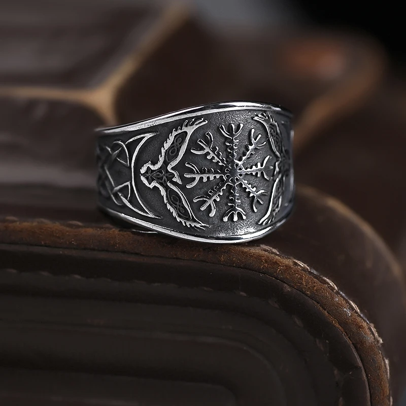 Compass Nordic viking odin symbol Raven Rune Vegvisir 316L Stainless steel Ring With Valknut Boyfriend Gift For Man V191