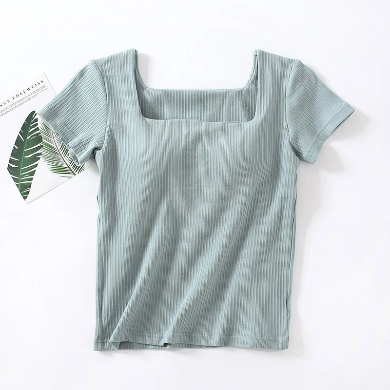 Ribbed Cotton Women\'s T-Shirts Short Sleeve Solid Color Wireless with Padded Bust Slim Base Layers Top Female Blouse C5551