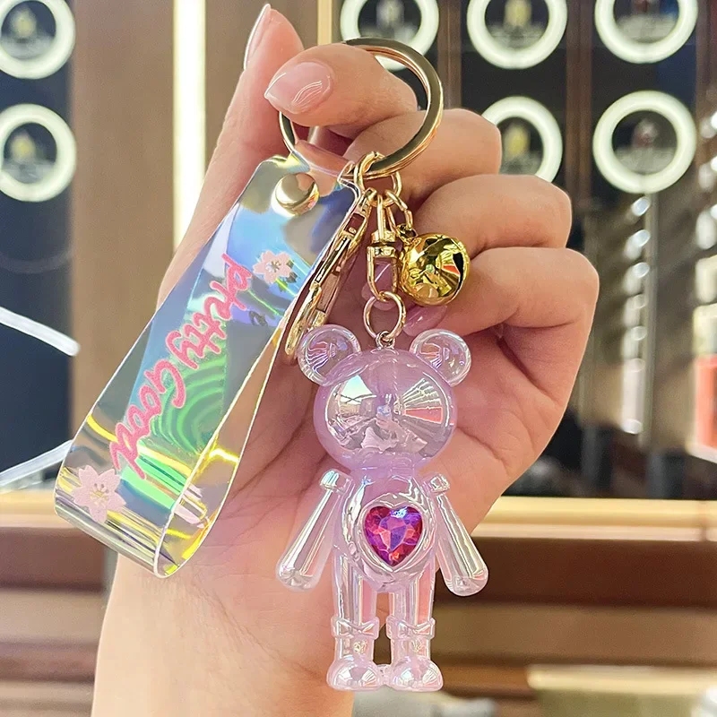 Miniso クリスタルカラーダイヤモンドベアキーホルダーペンダント、車のキーチェーン、かわいいハート型バッグペンダント