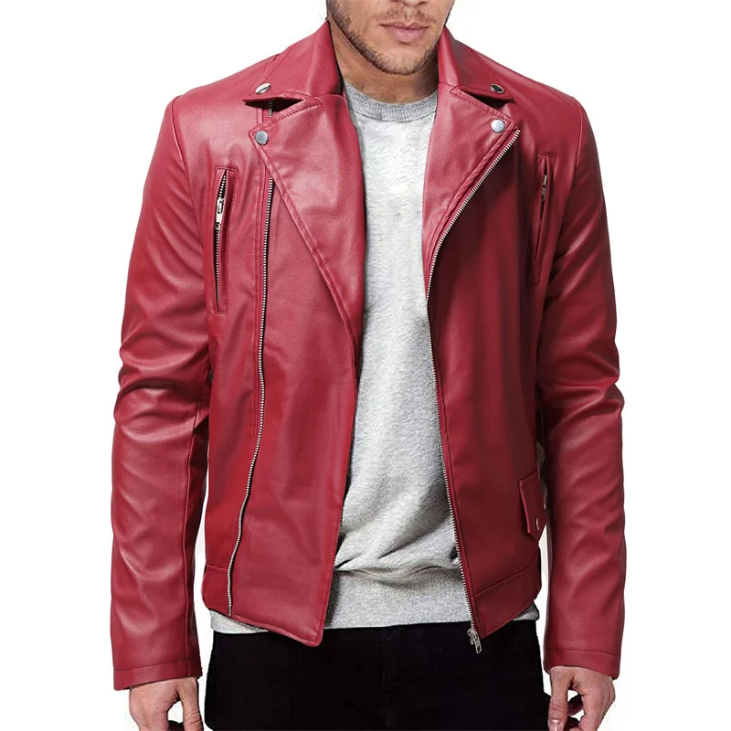 New Men Pure Color Long-sleeved Faux leather Jacket Fashion Male Daily High Street Casual Biker Coats