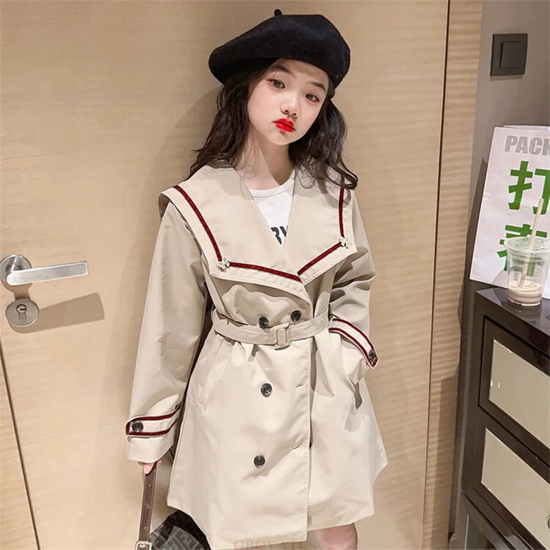 

Elegant Children Long Style Sailor Collar Jacket Tops for Girls High Fashion Khaki Color Trench Coat Kids Street Autumn Clothing