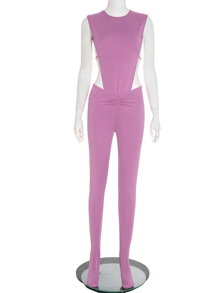 ชุดเซ็ทสองชิ้นสำหรับผู้หญิงสไตล์ฮิปสเตอร์สุดเซ็กซี่ เสื้อบอดี้สูทแขนกุดผ่าข้าง + กางเกงเลกกิ้งรัดรูปเข้าชุด ชุดลำลองสุดเท่