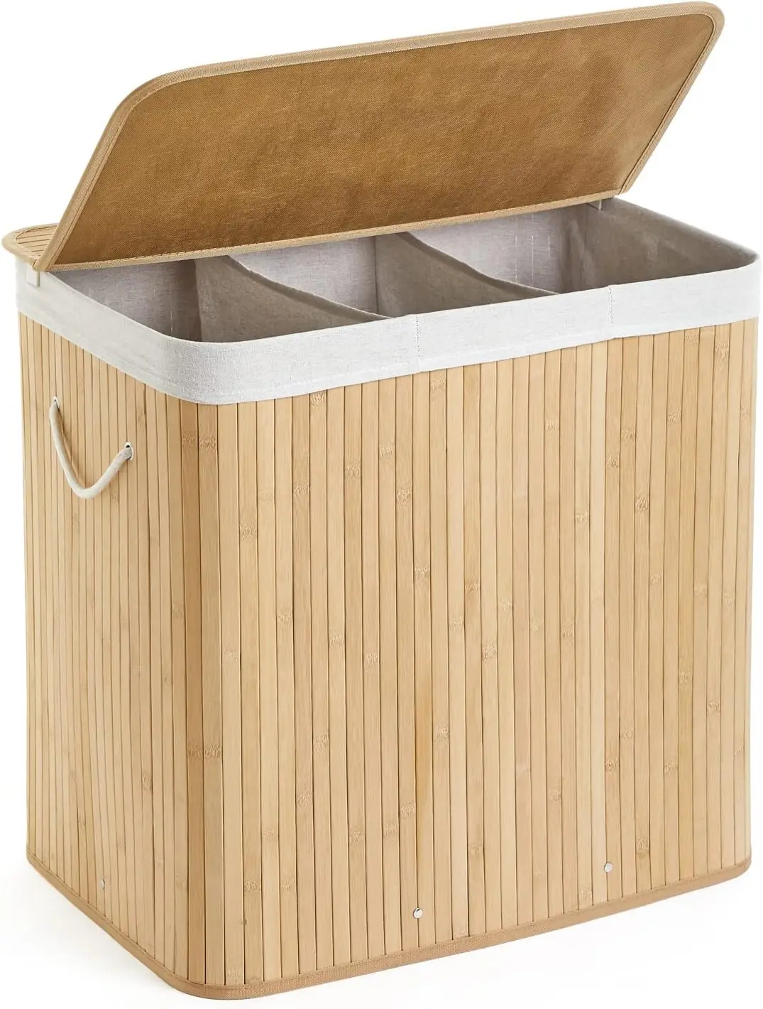 Basket Foldable with 3 Sections Storage Hamper with Removable Washable Lining Washing Hamper Bin, 150L, 61.5 x 40 x 60 cm, Natur