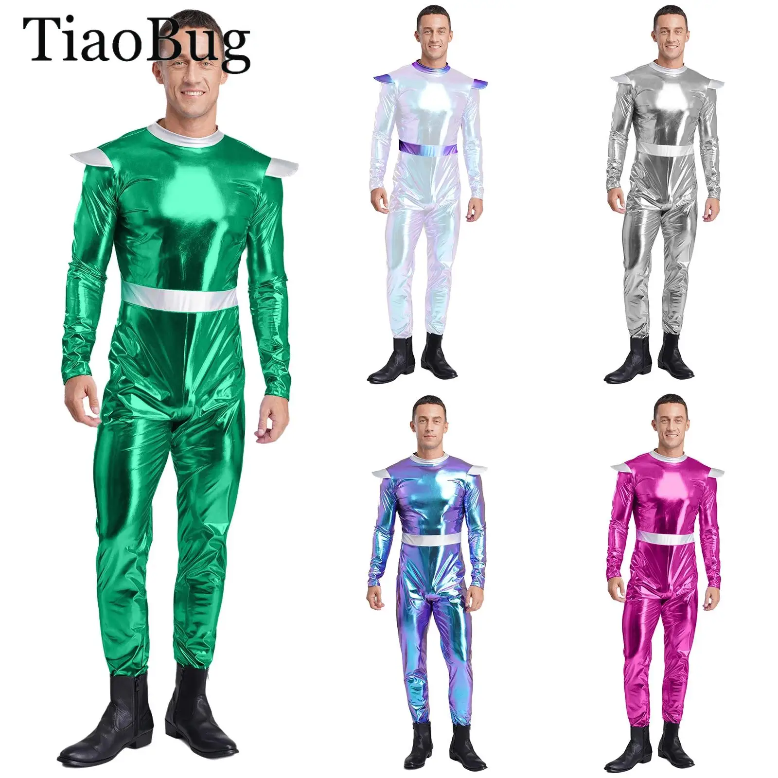 

Men Astronaut Robot Alien Cosplay Costume Long Sleeves Zipper Shiny Bodysuit Jumpsuit for Halloween Outer Space Cutie Costume